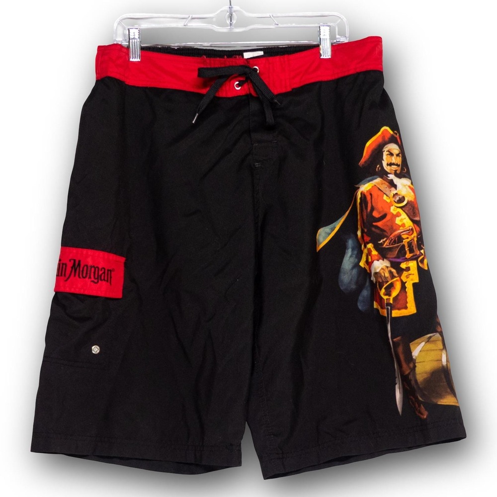 Captain Morgan Board Shorts Mens XL Black Red Good Graphic Swim Trunks Cargo